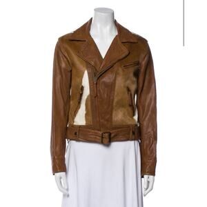 Polo Ralph Lauren Calf Hair Animal Cow Print COGNAC BROWN Leather Moto Jacket S